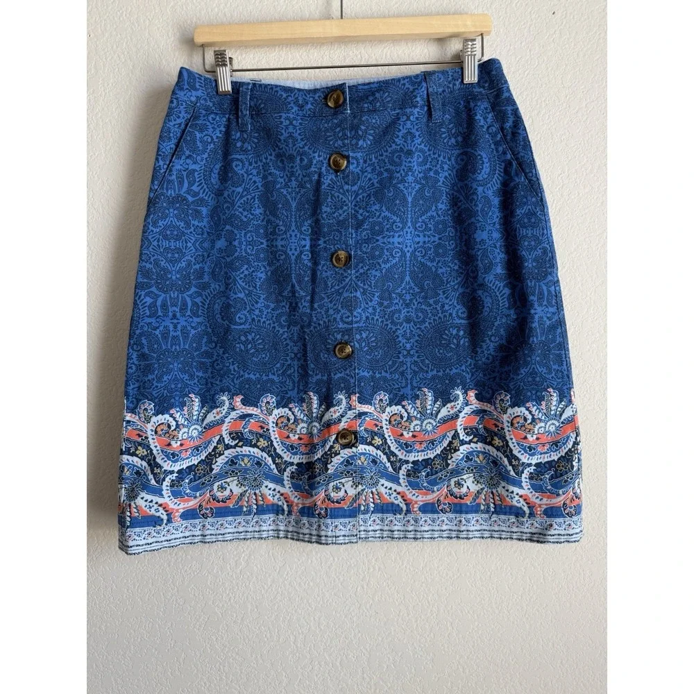 Lands End Womens Sz 8 Paisley Print Skirt A-Line Button Front Boho Chic Nautical